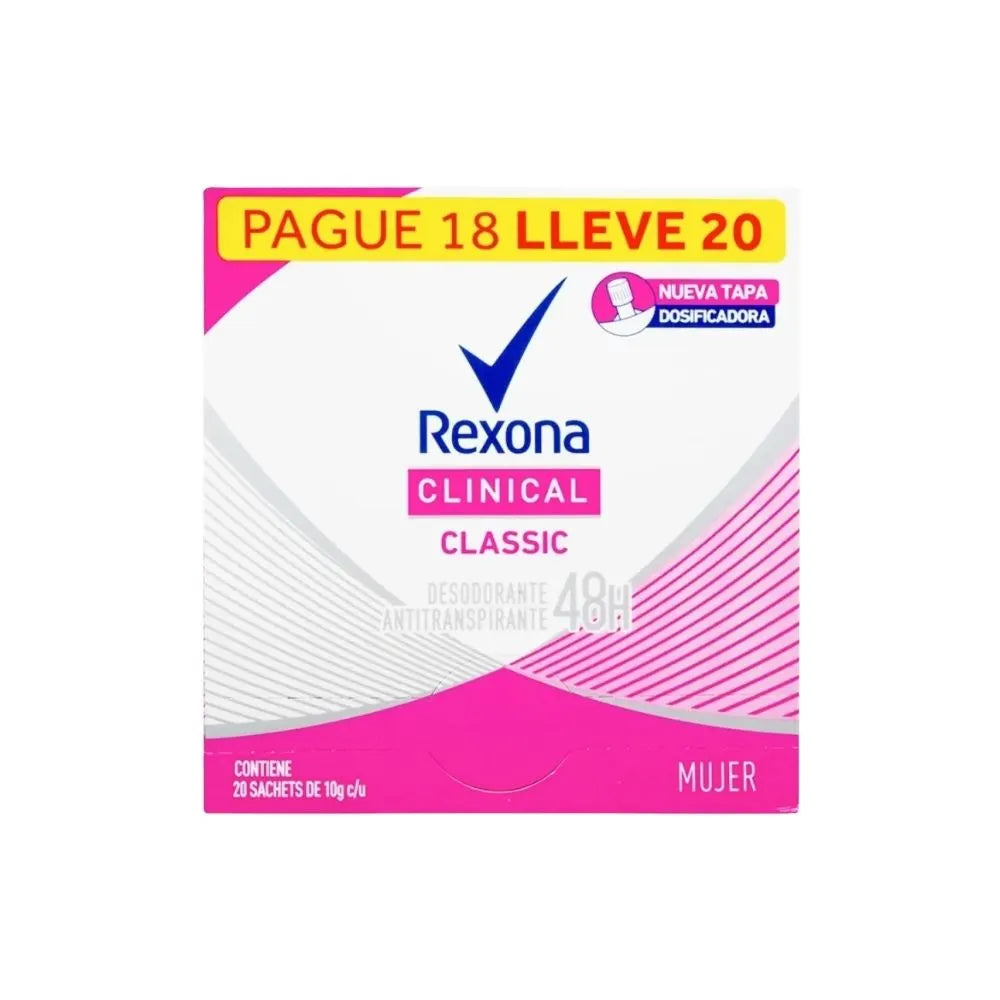 DESODORANTE REXONA CLINICAL CLASSIC SOBRES 10 G CAJA X 20